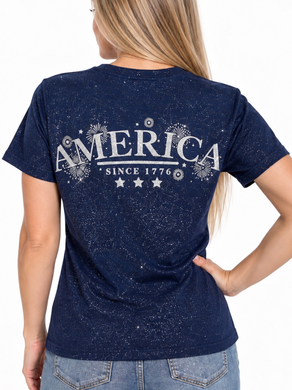 Spirit Jersey America Since 1776 Navy Glitter Fireworks Tee Small